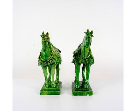 Tang Dynasty style ceramic horses in a brilliant green coloration, glaze finish. "Made In Italy" incised to bottom bases. Dim