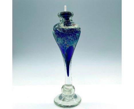 Hand blown tall cobalt blue oil lamp infused with mint green spots and swirls. Signed Maytum Glass Co. to bottom. Artist: Bri