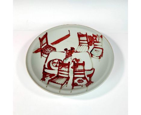 An unusual eye catching piece of art. Large round plate depictingÂ&nbsp;a kitchen dining table and chairs. Artist signed and 