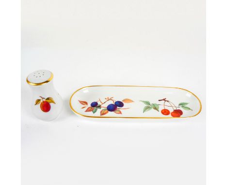 White porcelain decorated with plums and cherries on a tray (9"L x 3.25"W) and peach and berries on a salt or pepper shaker (