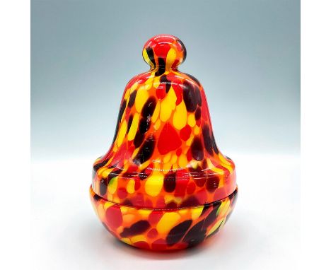 An art deco style dish in the shape of a bell, multicolored on orange ground. Dimensions: 4.5"W x 6"HCountry of Origin: Czech