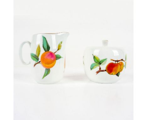 White porcelain decorated with pears, peaches, cherries and apples. Gilded accents. Royal Worcester backstamps. Creamer is 5"