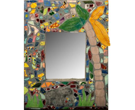 Cute vintage mirror depicting an elephant and a palm tree made of multicolored ceramic pieces.Measures 22" x 15" full size, 1