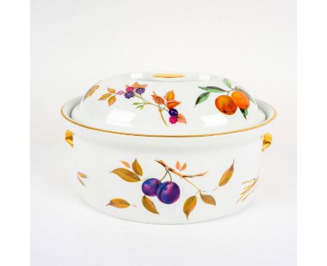 White porcelain decorated with peaches and apples and asparagus on lid. Gilded handles and accents. Royal Worcester backstamp
