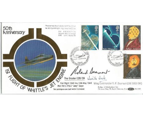 Roland Beamont and Neville Duke signed Benham official 50th anniversary 1st flight of Whittles jet engine BLCS62. Good Condit