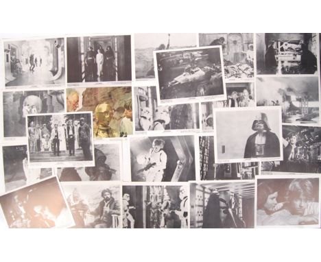 A rare believed full set of vintage 1977 black and white ' Star Wars : A New Hope ' lobby cards / film stills. All dated 1977