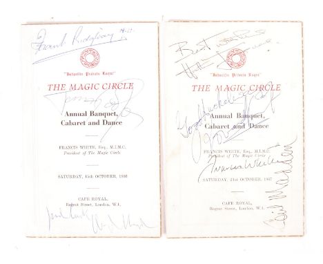 Two rare vintage ' The Magic Circle ' Annual Banquet menus / programmes for 1966 and 1967. Each signed by those in attendance