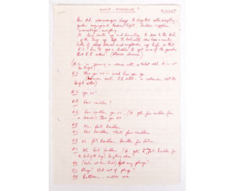 An iconic piece of British comedy history; Ronnie Barker's original hand written script for the iconic ' Fork Handles ' or ' 