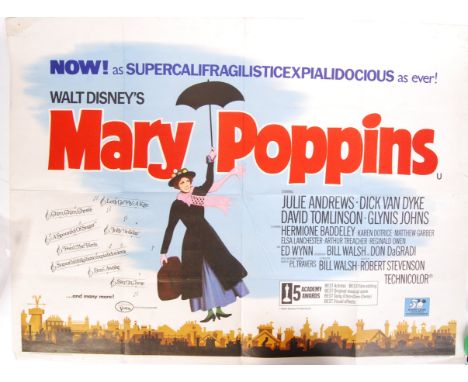 A vintage Disney ' Mary Poppins ' 1970's re-release UK Quad cinema poster. Artwork to the front depicting Mary Poppins (Julie