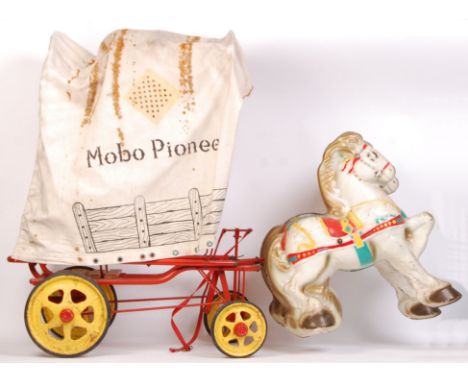 An incredibly rare vintage c1949 Mobo Pioneer Covered Wagon child's pedal car / tinplate toy once owned by TV & Western star 