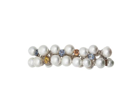 Massives Perlenarmband mit Farbsteinbesatz 18 k WG, mit dem Hersteller Utopia gepunzt, grosse, echte weiss schimmernde Perlen