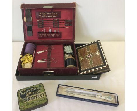 To include vintage sewing box & contents, a quantity of silks & inlaid wooden box. 