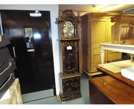 A contemporary black lacquered grandmother clock, the case having chinoiserie decoration in the Oriental style, arched brass 