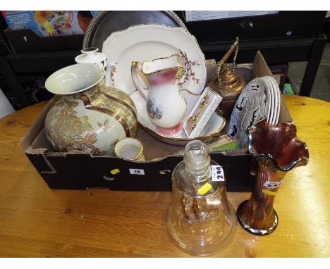 A good mixed lot to include a plated tray, a copper kettle, a ship in a bottle, an iridescent vase, two pieces of glassware, 