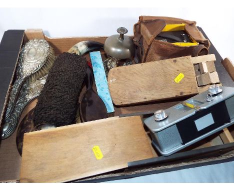 A good mixed lot to include a reception bell, football rattle, spectroscope, box, camera, horns and other