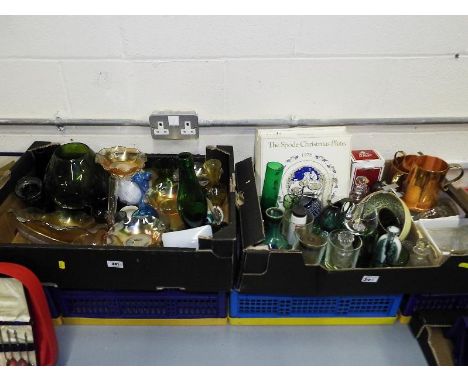 Two boxes containing a large quantity of ceramics and glassware to include Spode, Royal Albert, tankards, carnival glass, nov