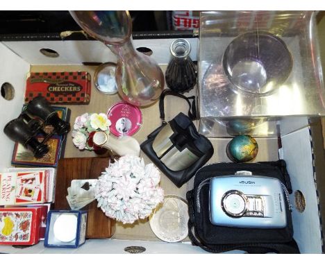 A good mixed lot to include opera glasses, Sunagor binoculars, playing cards, a Royal Doulton posy decorated in the Carnation