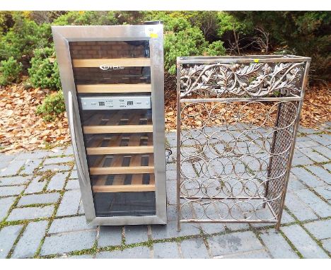 A Dihl high quality electric wine storage unit 83cm (h) x 34cm (w) 51cm (d) and an ornamental heavy metal wine rack, 71cm (h)