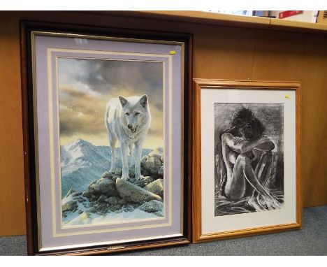 A large charcoal sketch depicting a female nude, image size 56cm x 40cm and a good colour print after Bonnie Marris depicting