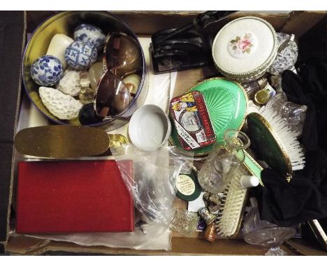 A good mixed lot of collectables to include dressing table set, glass trinket boxes, desk box marked Perris & Kearon Liverpoo