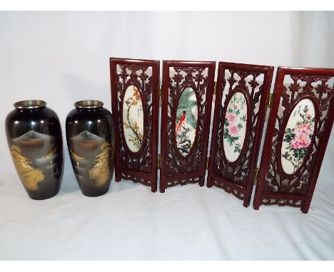 A pair of Chinese vases, 19cm (h) and a wooden miniature carved screen with ceramic hand painted oval centres, signed, 27cm x