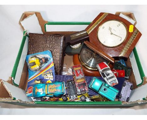 A collection of play worn die cast model motor vehicle, thermometers, a barometer and set of boxed spoons