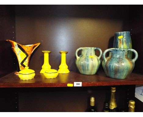 A collection of ceramics to include a Bette Goode design hand painted jug approximately 18 cm (h) and a yellow ceramic dressi