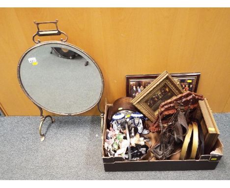 A good mixed lot of collectables to include model of a galleon made from wood and leather, ceramic figurines,a wooden mantel 