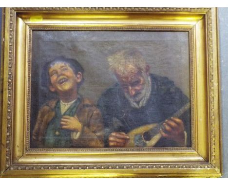 An oil on canvas depicting a man playing a mandolin with a young boy, unsigned, image size 24cm x 33cm , gilt framed 