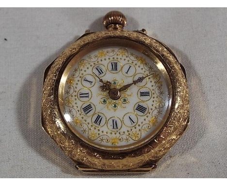 A 14 carat gold pocket watch with ceramic face stamped 14k, No 76091, approximate weight 19.69 grams (all in). Estimate £150 