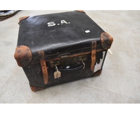 A vintage part leather luggage trunk, labelled Best, dimensions approx. 50 x 44 x 33cm