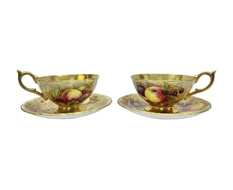 Pair Aynsley Orchard Gold pattern teacups and saucers with gilt interior 