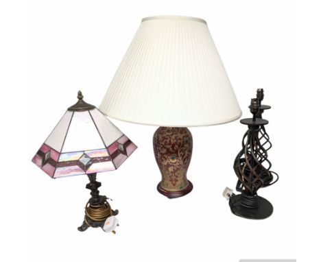 Tiffany style table lamp, with pink shade and ornate metal base, together with a ceramic table lamp, with red, green and gold