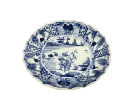 Chinese Kangxi style blue and white dish, with fluted edge, decorated with landscape and figural scenes, D10cm