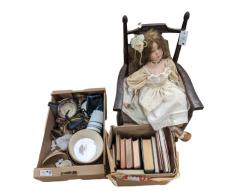 Alberon ceramic doll on wooden dolls/child's chair, together with two pairs of brass twist candlesticks, books, including sig