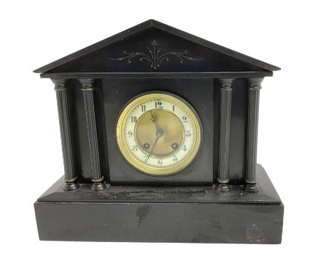 French - Belgium slate 8-day mantle clock c1900, break-front architectural style case with a gable pediment and twin recessed