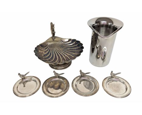 George Jensen stainless steel wine cooler, together with a silver plated pedestal dish, in the form of a clam shell and with 