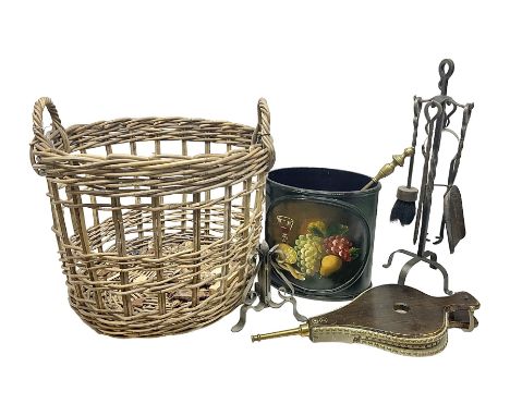 Twin handled wicker basket, together with fireside tools etc