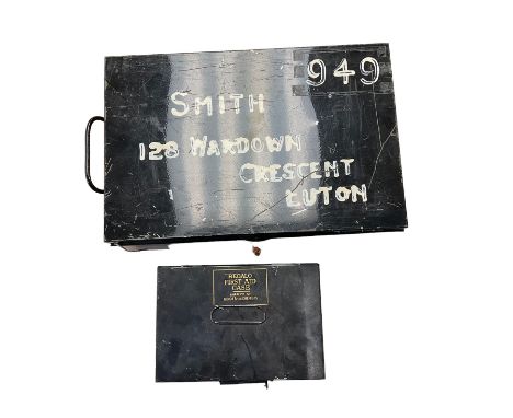 Regalo First Aid tin, together with a deed box with key, deed box H14cm, L40cm, D27cm