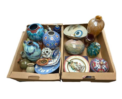 Poole pottery vase, Mdina glass vase and a collection of other glassware and ceramics, in two boxes 