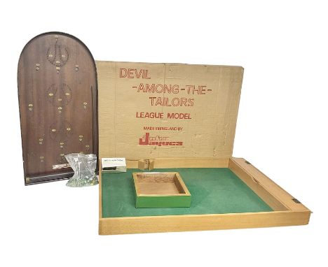 John Jaques and Son ‘Devil Among the Tailors’ wooden vintage skittles game, missing pole and ball, with instruction manual an