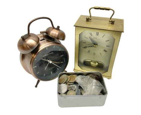 Avia Quartz mantle clock, a London alarm clock and a collection of coins