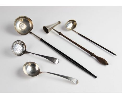 A George II toddy ladle with 1743 crown set to bowl, 35.5cm long, together with a George III silver caster spoon by Solomon H
