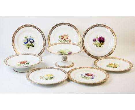 A Staffordshire botanical dessert service, 19th century, comprising a tall comport, a low comport, and six dessert plates, ea