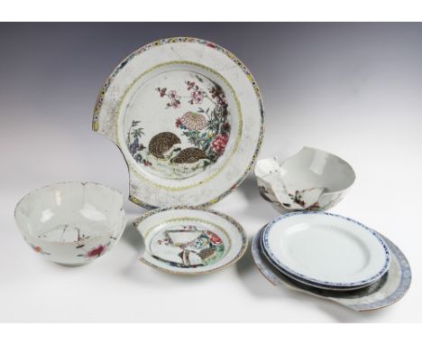 Two Chinese porcelain quail pattern plates, 18th century, each circular plate of graduated size featuring matched decorated i