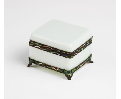 A early 20th century Chinese Peking glass enamelled box and cover, the rectangular casket with hinged cover, brass mounted wi