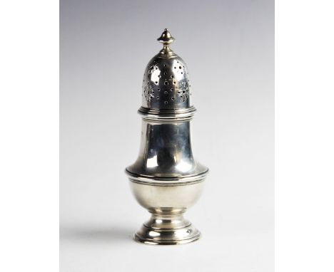 A George V silver sugar caster by Harrods Ltd, London 1936, of typical form with reeded borders on domed circular foot, pierc