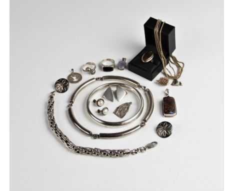 A selection of silver and white metal vintage and modern jewellery, to include a pair of Georg Jensen silver clip on earrings