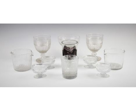 A selection of 19th century glassware, comprising; an unusual soda glass, the purple feathered rummer with knopped stem raise