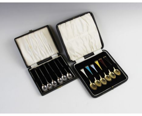 A set of six silver gilt and enamel teaspoons, Jacob Tostrup, the handles with vari-coloured engine turned enamelled decorati